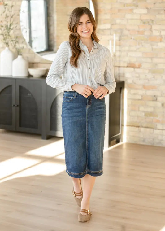 Bryn Dark Wash Denim Midi Skirt IC Skirts
