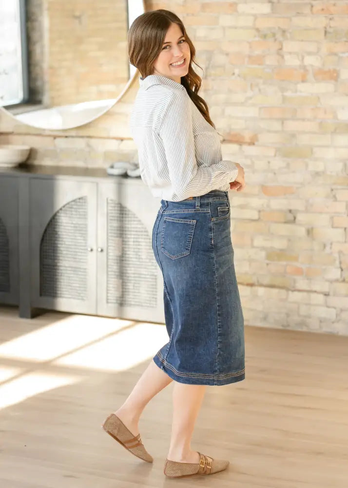 Bryn Dark Wash Denim Midi Skirt IC Skirts