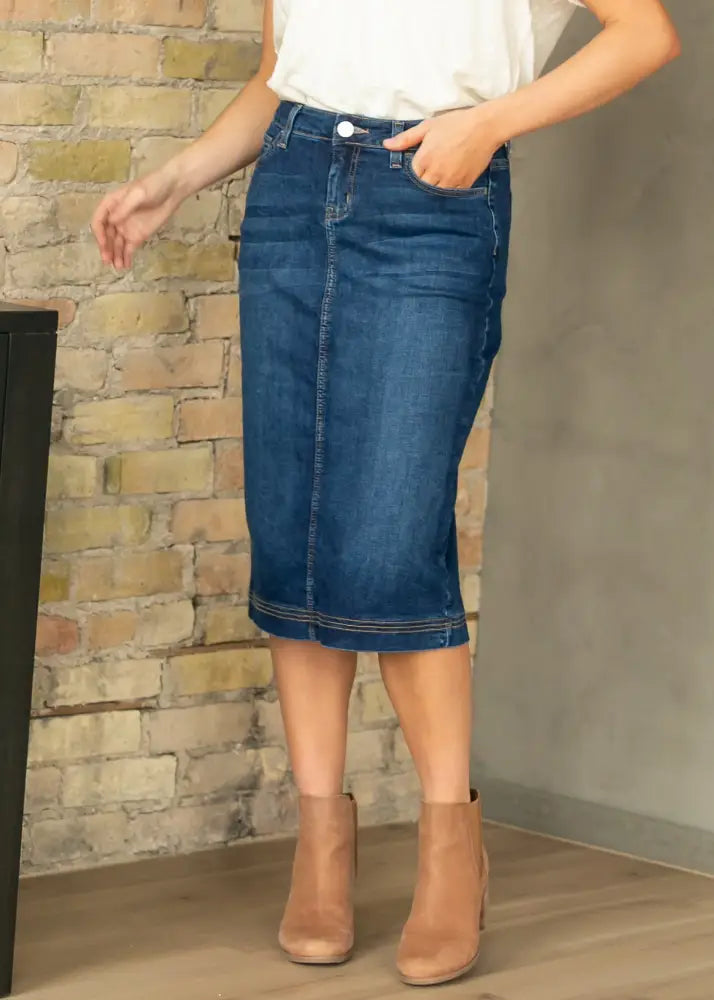 Bryn Dark Wash Denim Midi Skirt IC Skirts